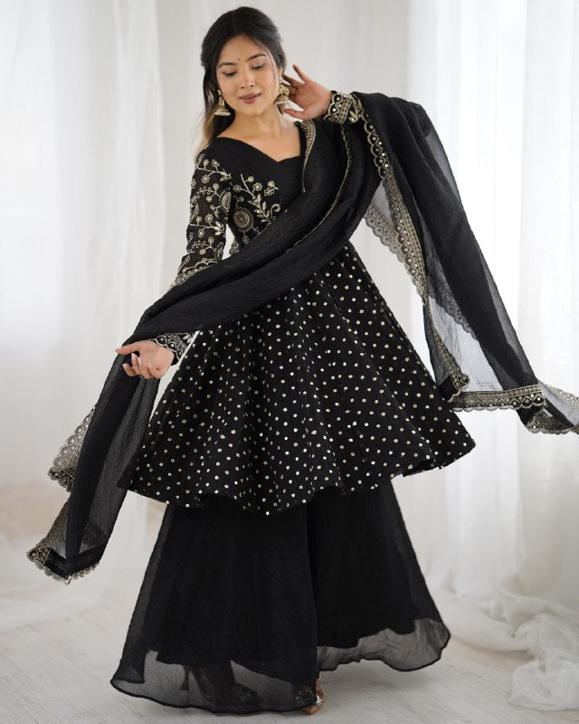 Exclusive Pink Black Crunchy Silk Embroidery Frock Palazo With Dupatta