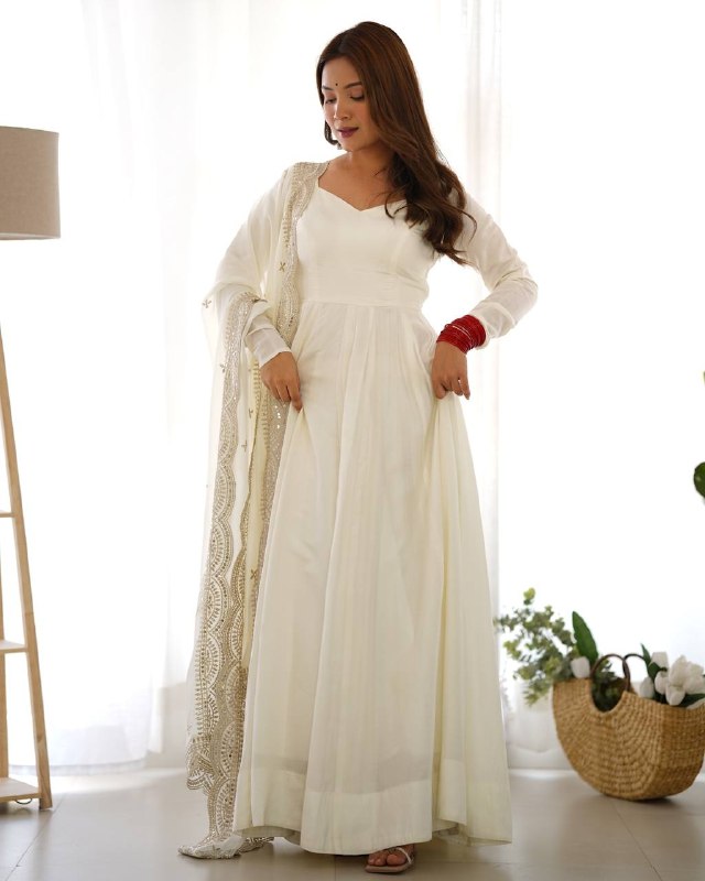 Exclusive White Chanderi Roman Silk Embroidery Anarkali Suit With Dupatta
