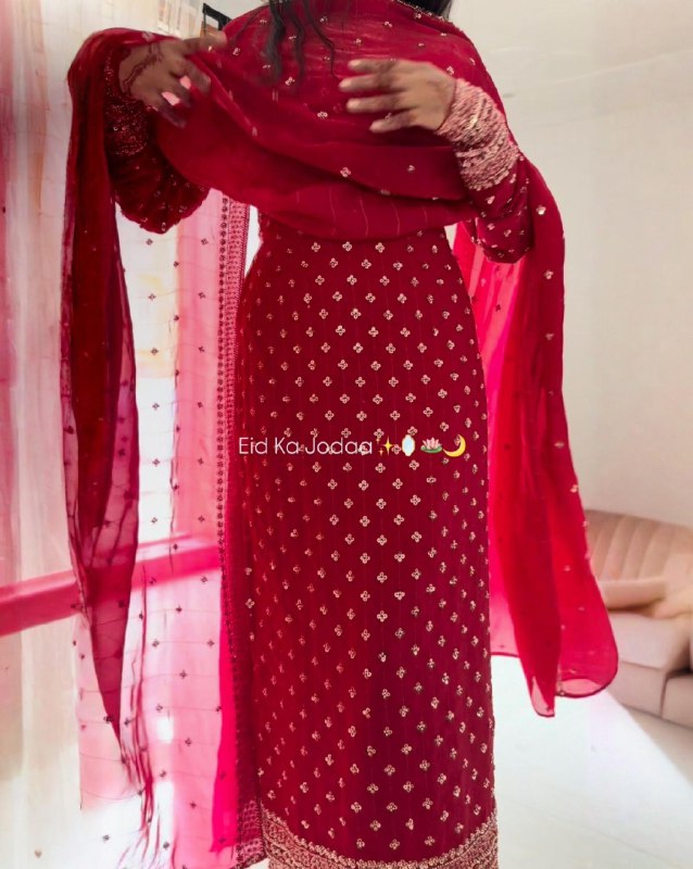 Ready To Wear Red Simmer Silk Embroidery Kurti Set With Dupatta