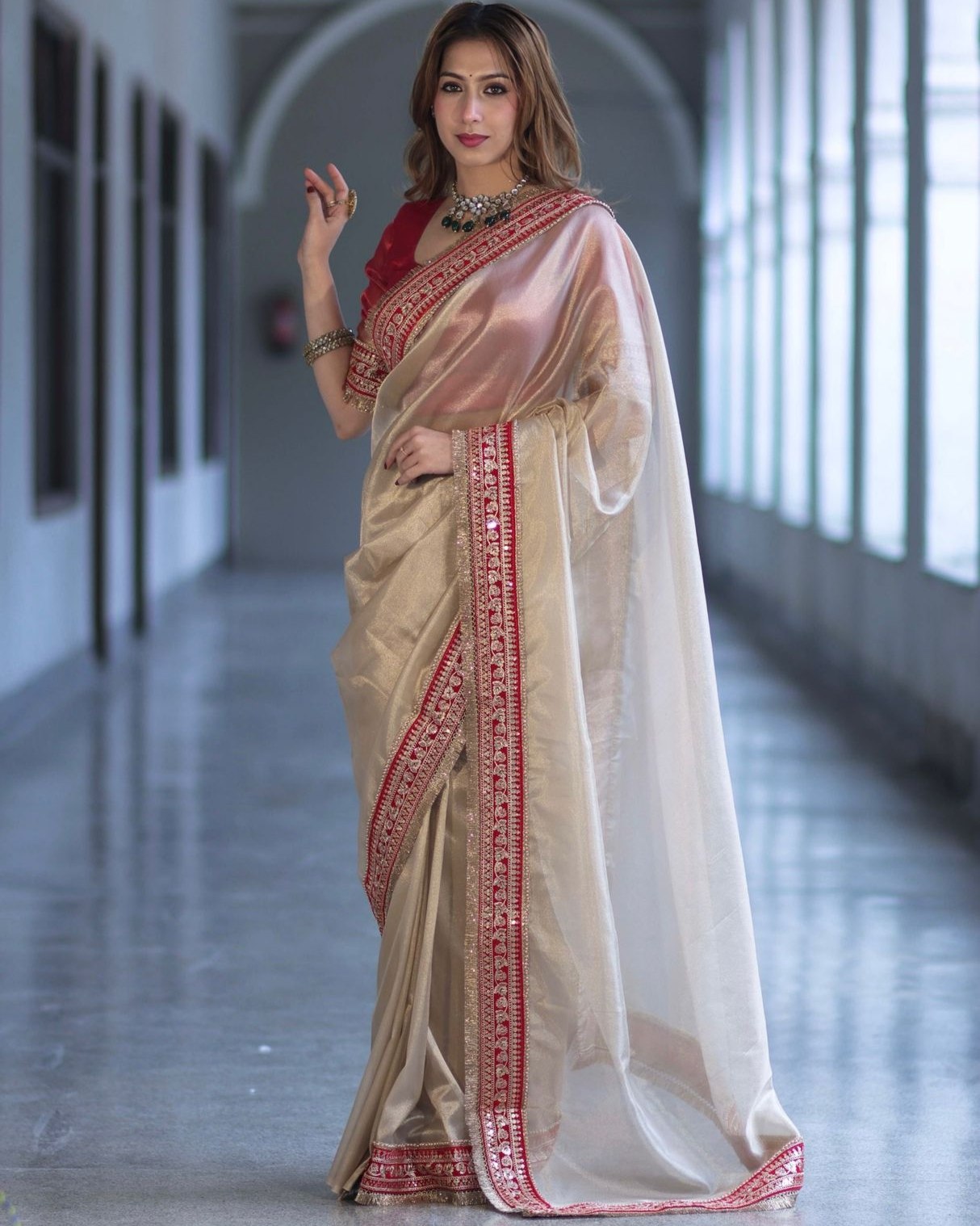 Exclusive Gold Red Soft Net Embroidery Saree With Blouse