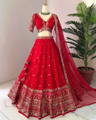 Designer Red Faux Georgette Embroidery Work Lehenga Choli With Dupatta