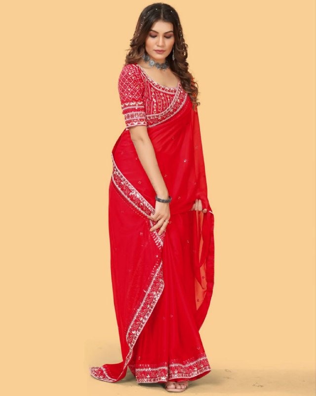 Designer Red Rangoli Silk Sequence Work Saree With Blouse