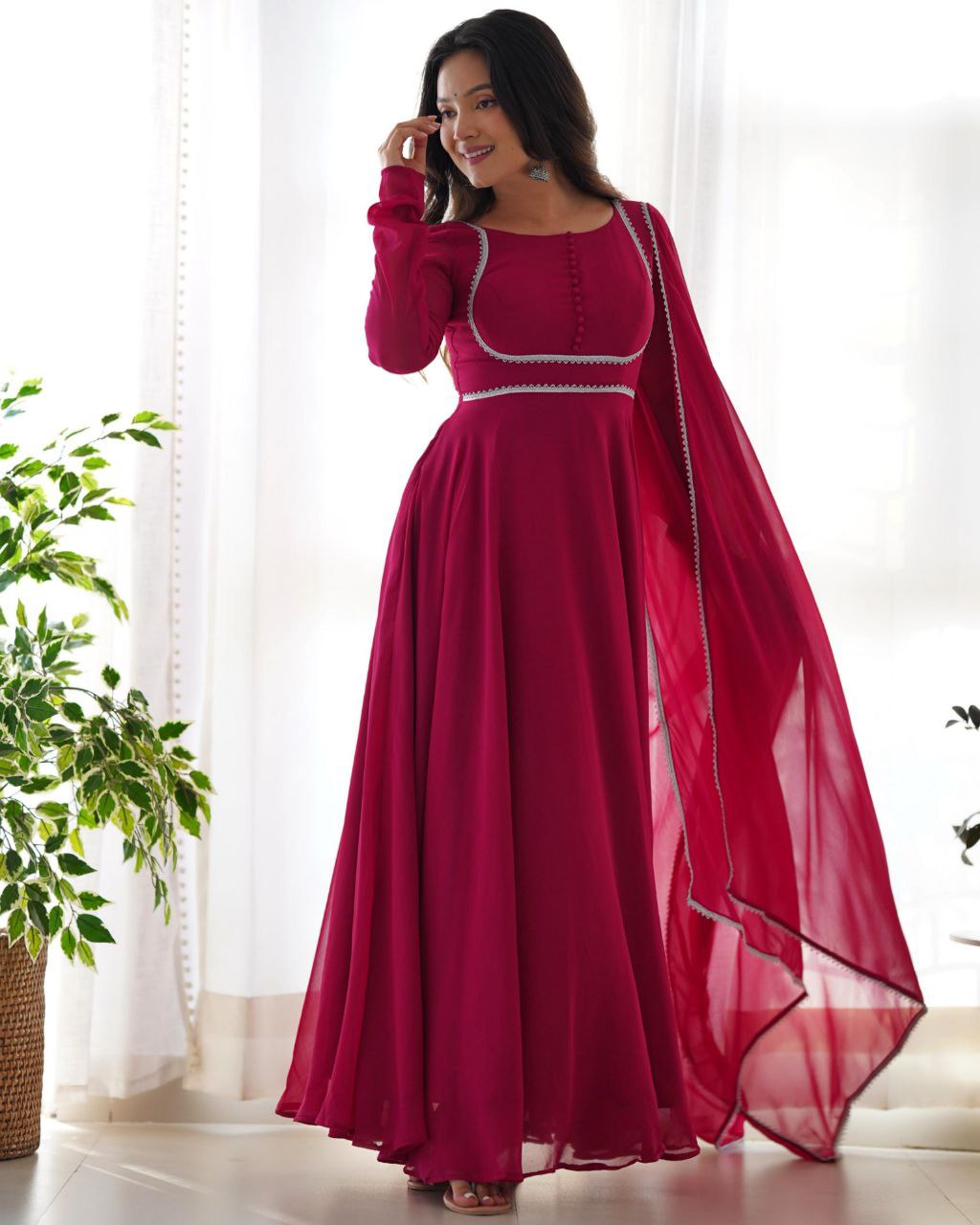 Ready To Wear Berry Pure Georgette Embroidery Work Anarkali Gown With Dupatta