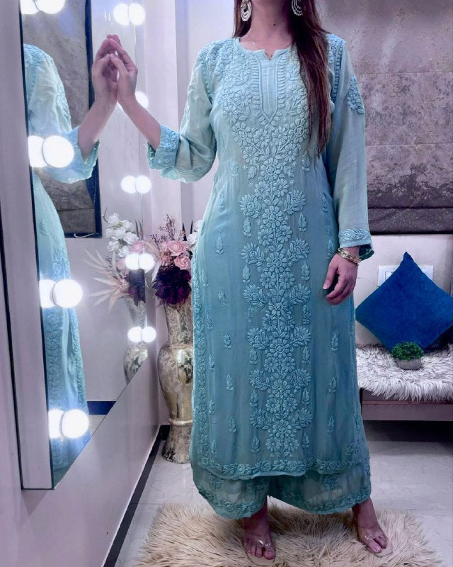 Ready To Wear Sky Blue Faux Georgette Embroidery Work Chikan Kari Suit