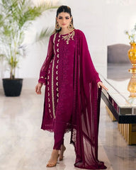 Ready To Wear Berry Pure Georgette Embroidery Work Pakistani Suit With Dupatta