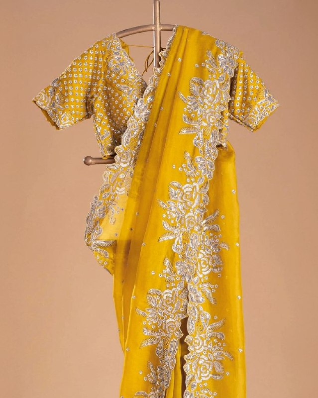 Designer Yellow Organza Silk Embroidery Work Saree With Blouse