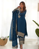 Ready To Wear Teal Blue Pure Chinon Silk Embroidery Kurti Pant With Dupatta