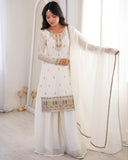 Premium White Soft Crunchy Silk Embroidery Palazo Kurti With Dupatta