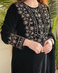 Ready To Wear Black Micro Velvet Embroidery Work Pakistani Suit With Dupatta