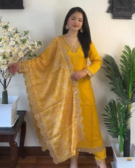 Ready To Wear Yellow Rayon Silk Embroidery Work Pakistani With Dupatta