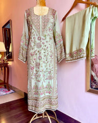 Ready To Wear Pista Green Pure Georgette Lace Work Pakistani Suit With Dupatta