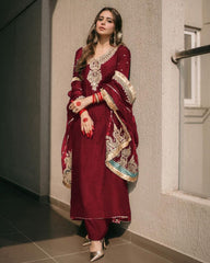 Ready To Wear Maroon Chinon Silk Embroidery Work Pakistani Suit With Dupatta