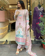 Ready To Wear Baby Pink Maslin Cotton Digital Print Work Pant Suit With Dupatta