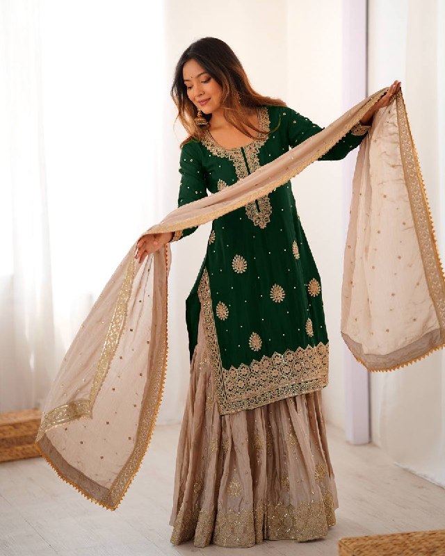 Premium Handcrafted Soft Chinon Silk Coding Embroidery Thread Sharara Suit With Dupatta