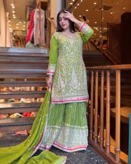 Ready To Wear Light Green Pure Georgette Embroidery Work Sharara Suit With Dupatta