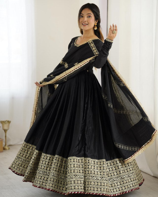 Premium Black Grey Chinon Silk Embroidery Anarkali Suit With Dupatta