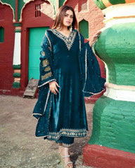 Designer Mor Pinch Viscose Velvet Embroidery Work Pakistani Suit With Dupatta