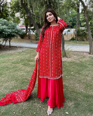 Ready To Wear Red Heavy Faux Georgette Embroidery Work Plazzo Suit With Dupatta