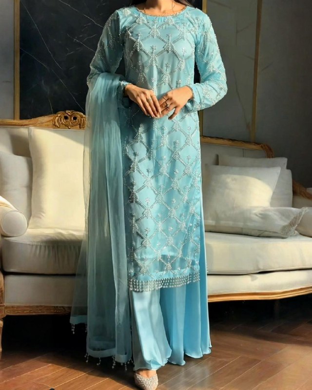 Exclusive Pink Sky Black Soft Net Embroidery Palazo Kurti With Dupatta