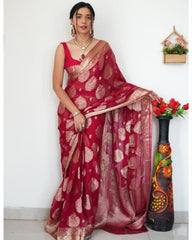 Designer Red Premium Soft cotton Silk Zari Work Saree With Blouse