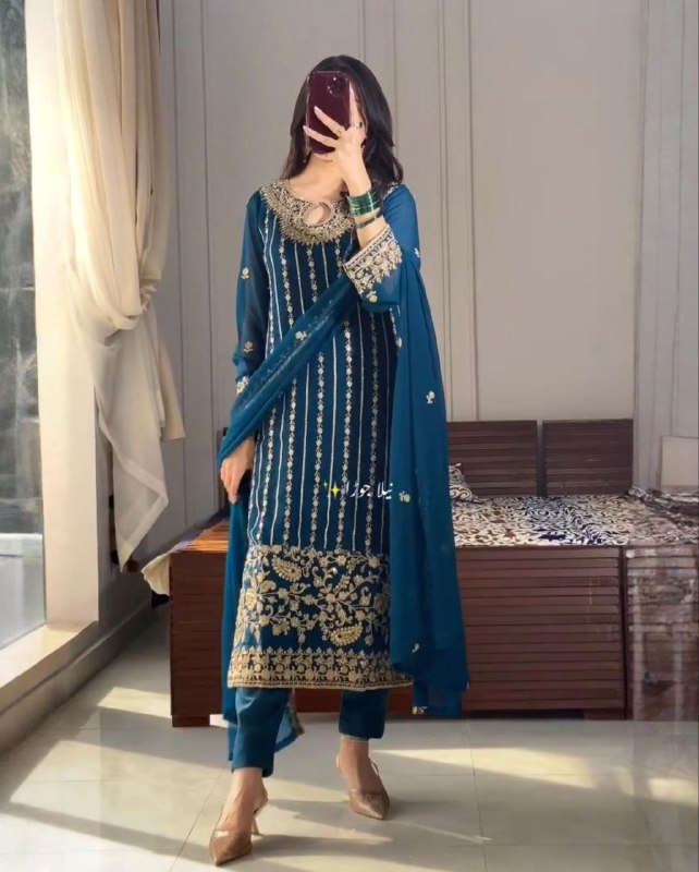 Exclusive Blue Wine Grey Chinon Silk Embroidery Kurti Pant With Dupatta