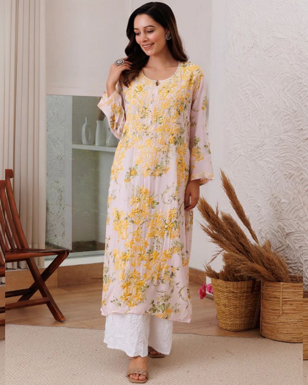 Ready To Wear Yellow Rayon Cotton Embroidery Work Chikan Kari Suit