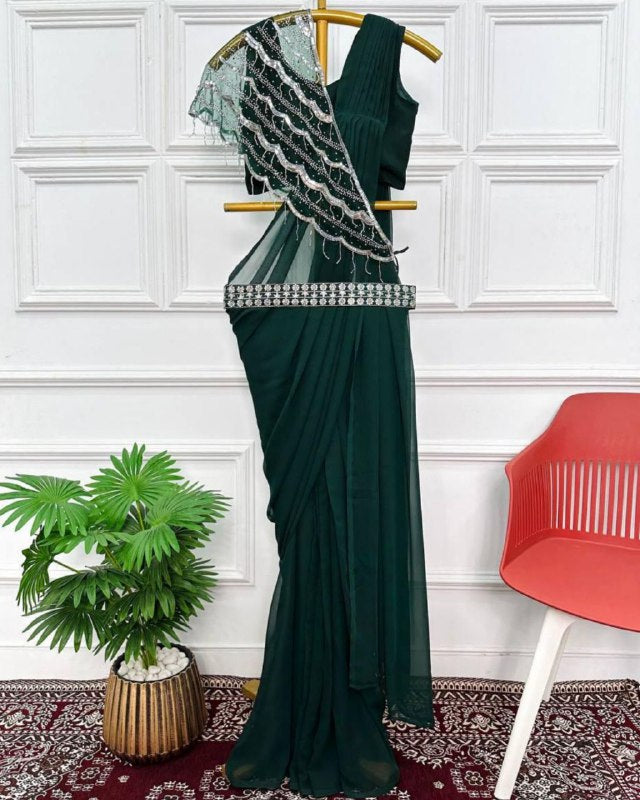 Designer Dark Green Faux Georgette Khatli Work Saree With Blouse And Shrug