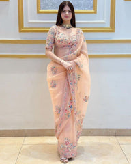 Desinger Peach Organza Silk Embroidery Work Saree With Blouse