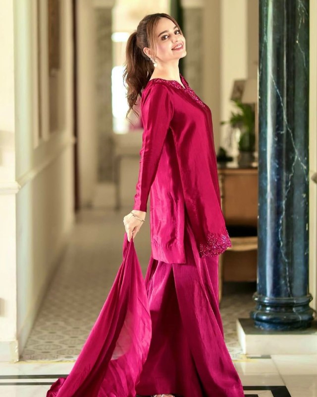 Ready To Wear Deep Rose Pink Pure Natural Crep Silk Embroidery Plazzo Kurti With Dupatta