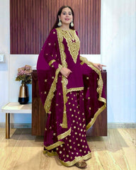 Ready To Wear Wine Pure Georgette Embroidery Work Sharara Suit With Dupatta