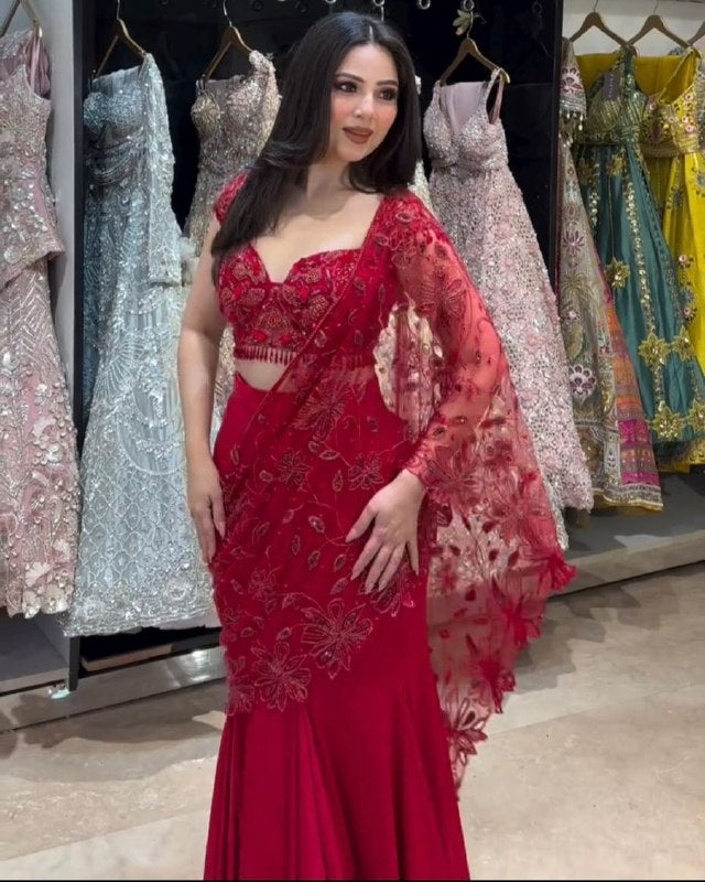 Ready To Wear Crimson Red Soft Butterfly Net Embroidery Lehenga Saree With Blouse