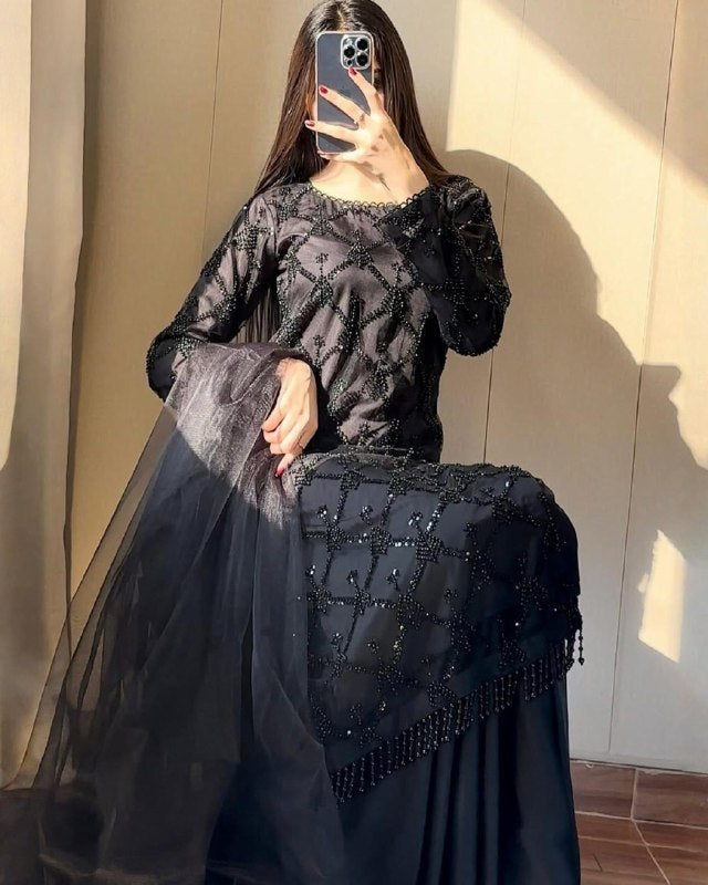 Exclusive Pink Sky Black Soft Net Embroidery Palazo Kurti With Dupatta