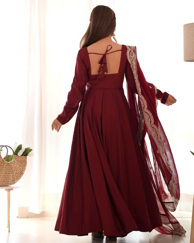 Exclusive Maroon Chanderi Roman Silk Embroidery Anarkali Suit With Dupatta
