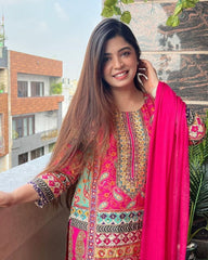 Ready To Wear Hot Pink Satin Silk Embroidery Pakistani Suit With Dupatta