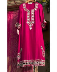 Ready To Wear Dark Pink Pure Georgette Embroidery Work Pant Suit With Dupatta