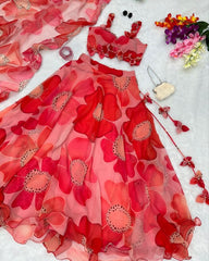 Desinger Red Organza Silk Floral Printed Lehenga Choli With Dupatta