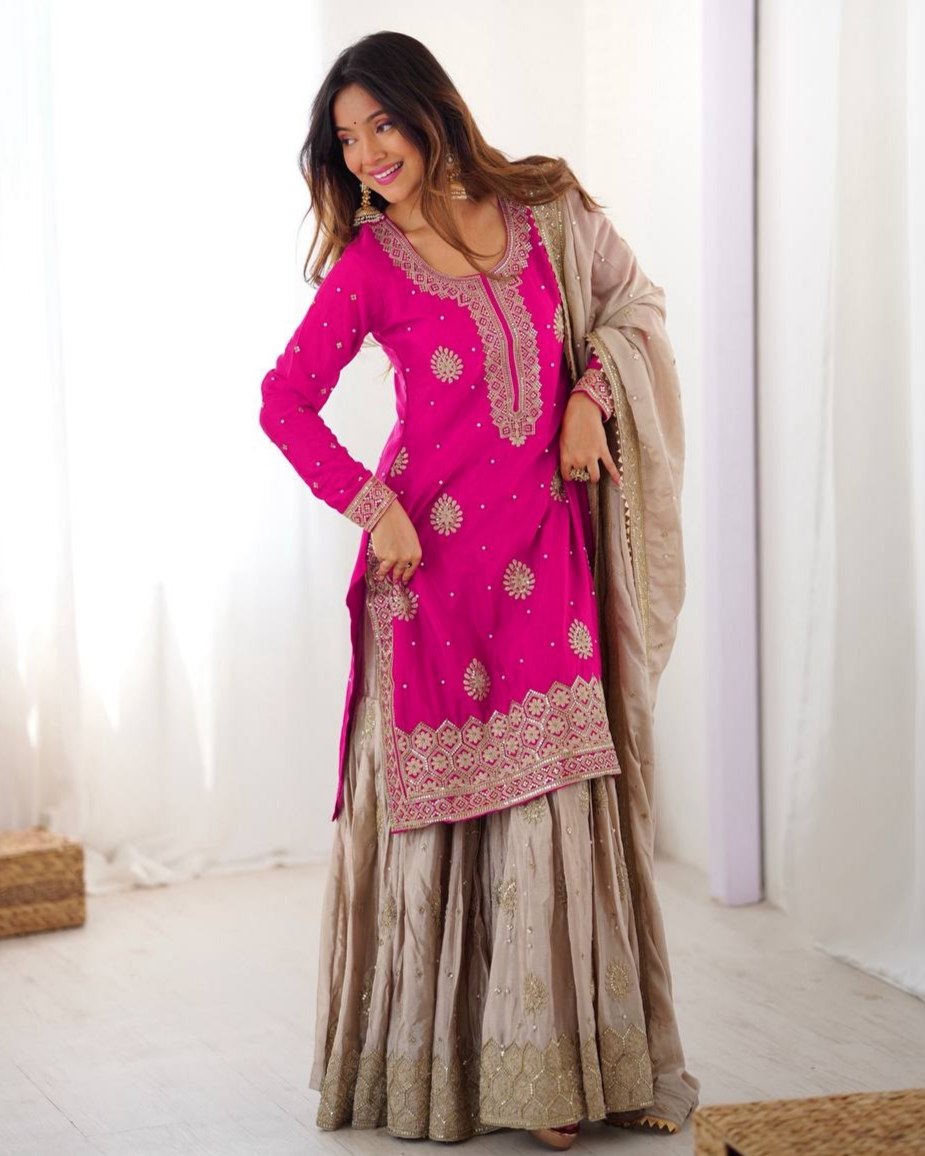 Premium Pink Blue Premium Chinon Silk Embroidery Gharara Suit With Dupatta