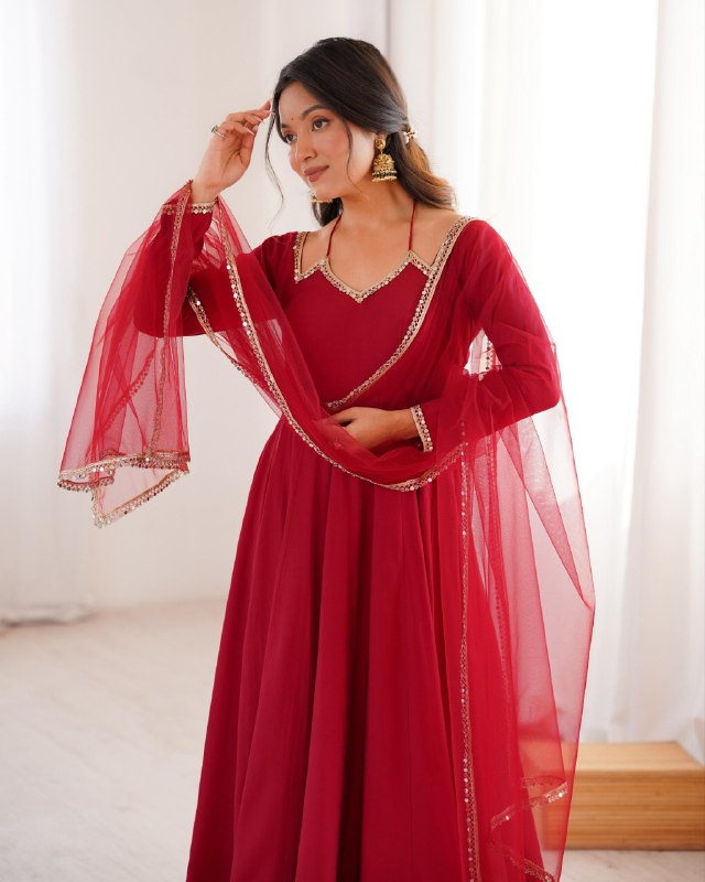 Premium Maroon Chanderi Roman Silk Embroidery Anarkali Suit With Dupatta