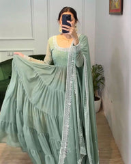 Ready To Wear Sea Green Heavy Georgette Sequence Work Gown With Dupatta