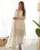 Ready To Wear White Pure Chinon Silk Embroidery Kurti Pant With Dupatta