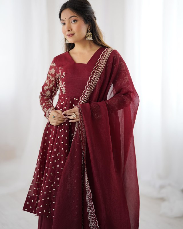 Exclusive Yellow Mehendi Maroon Crunchy Silk Embroidery Frock Palazo With Dupatta