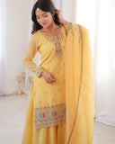 Ready To Wear Yellow Sky Soft Crunchy Silk Embroidery Kurti Palazo With Dupatta