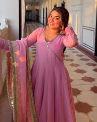 Exclusive Pink Taby Organza Silk Embroidery Anarkali Suit With Dupatta