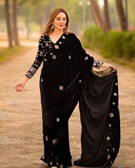 Designer Black Micro Velvet Embroidery Work Saree With Blouse