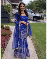 Ready To Wear Royal Blue Pure Georgette Sequence Work Gharara Suit With Dupatta