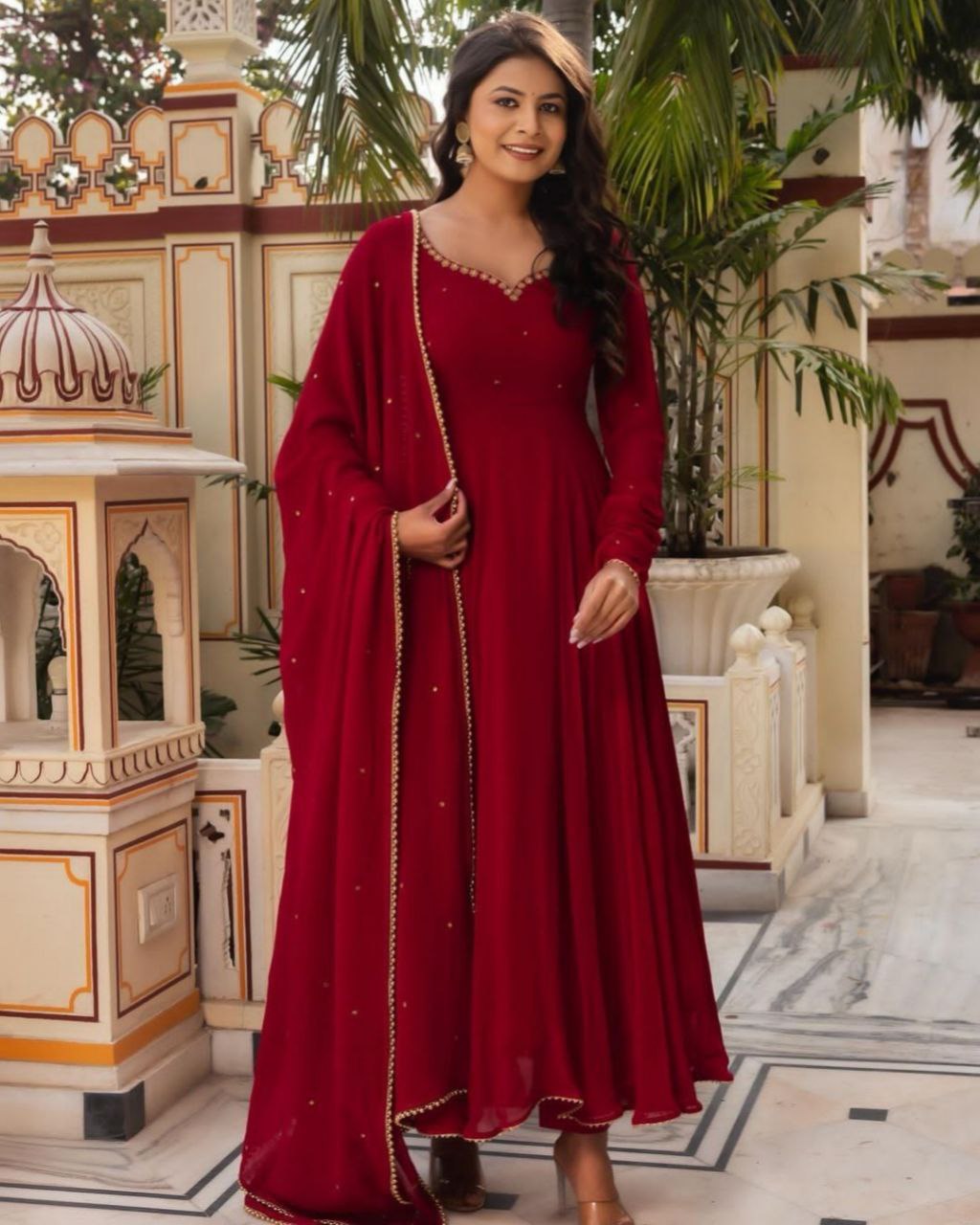 Ready To Wear Maroon Pure Georgette Embroidery Work Anarkali  Suit With Dupatta