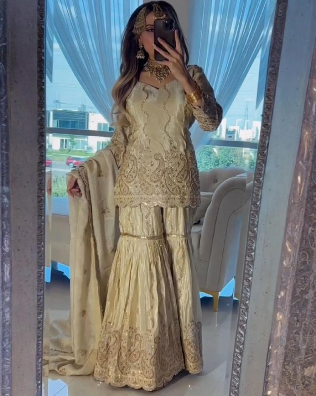 Exclusive Light Gold Heavy Chinon Silk Embroidery Gharara Suit With Dupatta