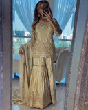 Exclusive Light Gold Heavy Chinon Silk Embroidery Gharara Suit With Dupatta