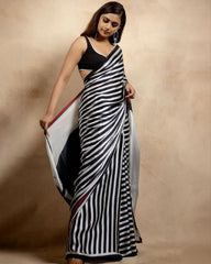 Designer Black-White Japan Satin Digital Print Work Saree With Blouse