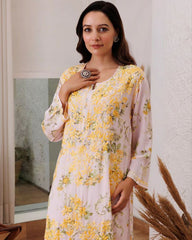 Ready To Wear Yellow Rayon Cotton Embroidery Work Chikan Kari Suit